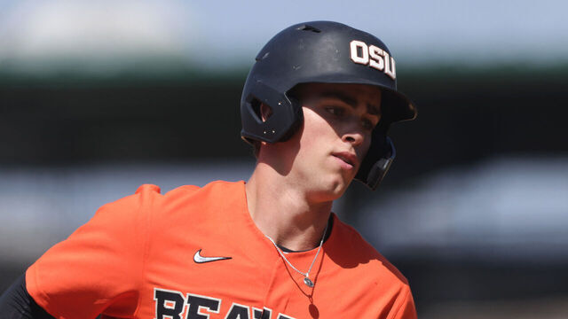 LOS ANGELES, CALIFORNIA - MAY 14: Gavin Turley #1 of the Oregon State Beavers rounds the bases after hitting a home run in the eighth inning at Jackie Robinson Stadium on May 14, 2023 in Los Angeles, California.