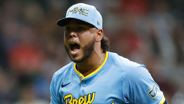 MILWAUKEE, WISCONSIN - JUNE 13: Freddy Peralta #51 of the Milwaukee Brewers reacts after getting the third out in the fifth inning against the St. Louis Cardinals at American Family Field on June 13, 2025 in Milwaukee, Wisconsin.