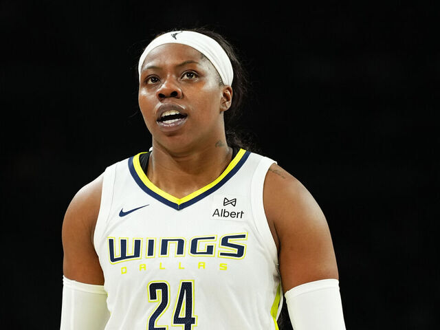 LAS VEGAS, NV - JUNE 13: Arike Ogunbowale #24 of the Dallas Wings during the game against the Las Vegas Aces on June 13, 2025 at Michelob ULTRA Arena n Las Vegas, Nevada. Mandatory Copyright Notice: Copyright 2025 NBAE