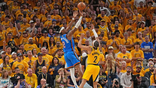 INDIANAPOLIS, IN - JUNE 13:Shai Gilgeous-Alexander #2 of the Oklahoma City Thunder shoots the ball during the game against the Indiana Pacers during Game Four of the 2025 NBA Finals on June 13, 2025 at Gainbridge Fieldhouse in Indianapolis, Indiana. Mandatory Copyright Notice: Copyright 2025 NBAE