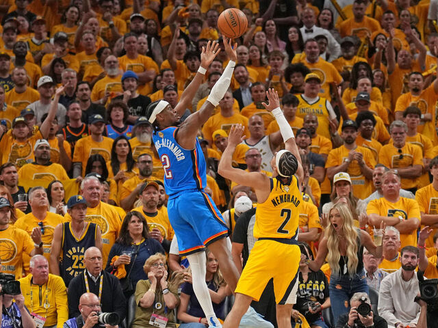 INDIANAPOLIS, IN - JUNE 13:Shai Gilgeous-Alexander #2 of the Oklahoma City Thunder shoots the ball during the game against the Indiana Pacers during Game Four of the 2025 NBA Finals on June 13, 2025 at Gainbridge Fieldhouse in Indianapolis, Indiana. Mandatory Copyright Notice: Copyright 2025 NBAE