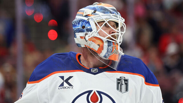 SUNRISE, FLORIDA - JUNE 12: Calvin Pickard #30 of the Edmonton Oilers looks on after a goalie change during the second period against the Florida Panthers in Game Four of the 2025 Stanley Cup Final at Amerant Bank Arena on June 12, 2025 in Sunrise, Florida.