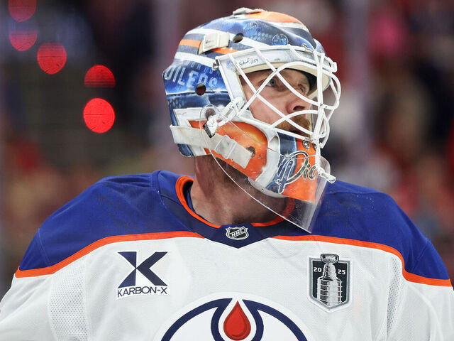 SUNRISE, FLORIDA - JUNE 12: Calvin Pickard #30 of the Edmonton Oilers looks on after a goalie change during the second period against the Florida Panthers in Game Four of the 2025 Stanley Cup Final at Amerant Bank Arena on June 12, 2025 in Sunrise, Florida.