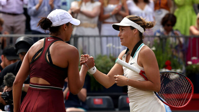 LONDON, ENGLAND - JUNE 14: Tatiana Maria of Germany (R) and Madison Keys of United States greet at the net following the Women's Singles Semi Final match on Day Six of the 2025 HSBC Championships at The Queen's Club on June 14, 2025 in London, England.