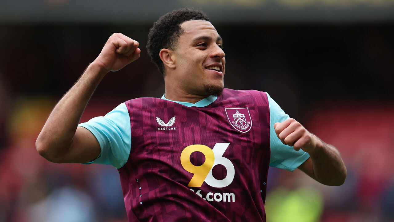 WATFORD, ENGLAND - APRIL 18: CJ Egan-Riley of Burnley celebrates victory after defeating Watford 2-1 in the Sky Bet Championship match between Watford FC and Burnley FC at Vicarage Road on April 18, 2025 in Watford, England.