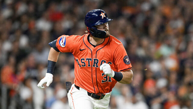 HOUSTON, TEXAS - JUNE 13: Jacob Melton #31 of the Houston Astros runs after hitting a two-run triple against the Minnesota Twins during the third inning at Daikin Park on June 13, 2025 in Houston, Texas.