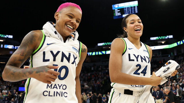 MINNEAPOLIS, MINNESOTA - JUNE 14: Courtney Williams #10 of the Minnesota Lynx and Napheesa Collier #24 celebrate their teams win against the Los Angeles Sparks after a 2025 Commissioner's Cup game at Target Center on June 14, 2025 in Minneapolis, Minnesota. The Lynx defeated the Sparks 101-78.