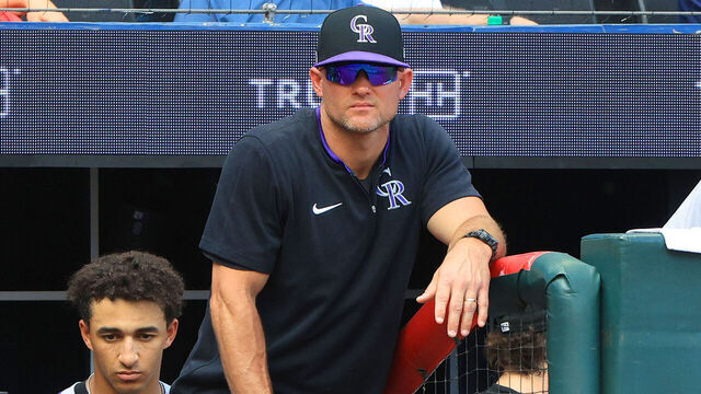 ATLANTA, GA - JUNE 14: Interim Manager Warren Schaeffer #34 of the Colorado Rockies watches from the dugout during the Saturday afternoon MLB game between the Colorado Rockies and the Atlanta Braves on June 14, 2025 at Truist Park in Atlanta, Georgia.