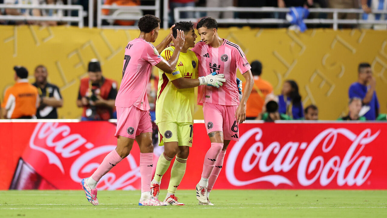 MIAMI GARDENS, FLORIDA - JUNE 14: Ian Fray #17 and Tomas Aviles #6 of Inter Miami CF congratulate Oscar Ustari #19 after a penalty kick save during the FIFA Club World Cup 2025 group A match between Al Ahly FC and Internacional CF Miami at Hard Rock Stadium on June 14, 2025 in Miami Gardens, Florida.