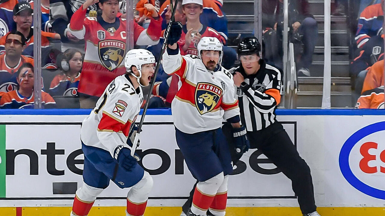 EDMONTON, CANADA - JUNE 14: Brad Marchand #63 and Eetu Luostarinen #27 of the Florida Panthers celebrate a first period goal against the Edmonton Oilers in Game Five of the 2025 Stanley Cup Final at Rogers Place on June 14, 2025 in Edmonton, Alberta, Canada.