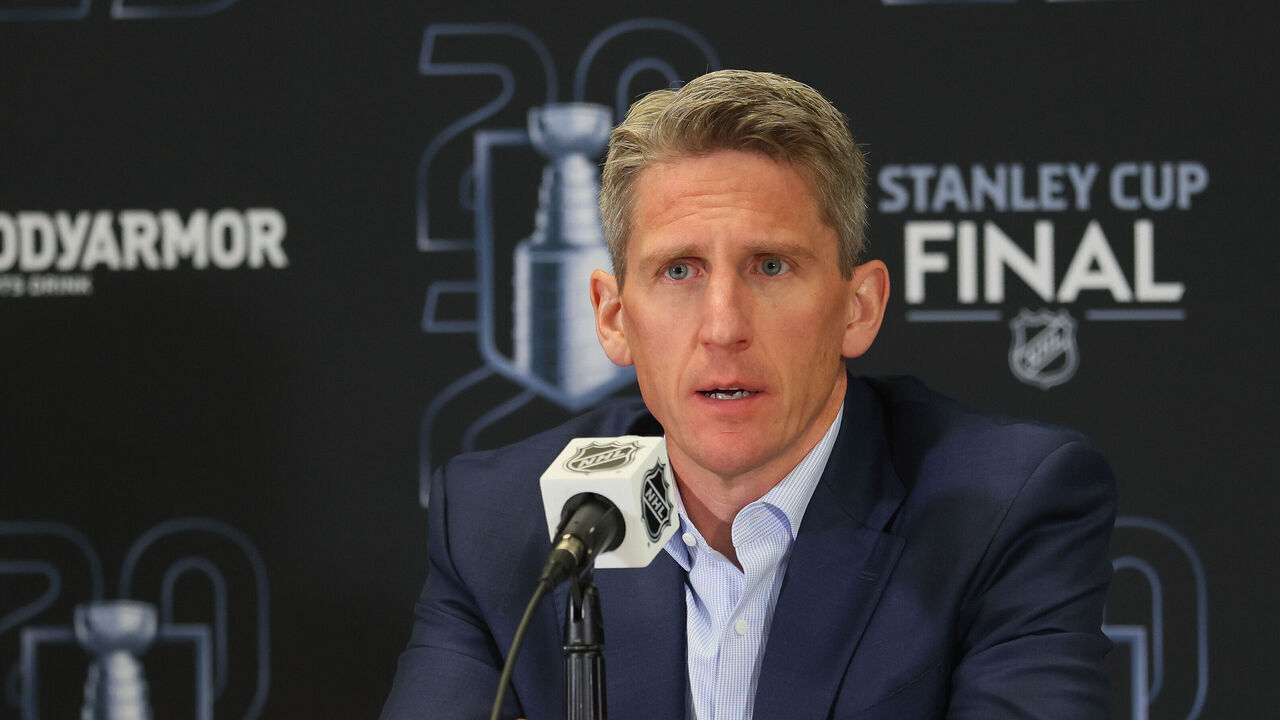 SUNRISE, FLORIDA - JUNE 09: Head coach Kris Knoblauch of the Edmonton Oilers speaks with the media following playing against the Florida Panthers during Game Three of the 2025 NHL Stanley Cup Final at Amerant Bank Arena on June 09, 2025 in Sunrise, Florida.