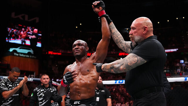 ATLANTA, GEORGIA - JUNE 14: Kamaru Usman of Nigeria reacts after defeating Joaquin Buckley in a welterweight bout during the UFC Fight Night event at State Farm Arena on June 14, 2025 in Atlanta, Georgia.