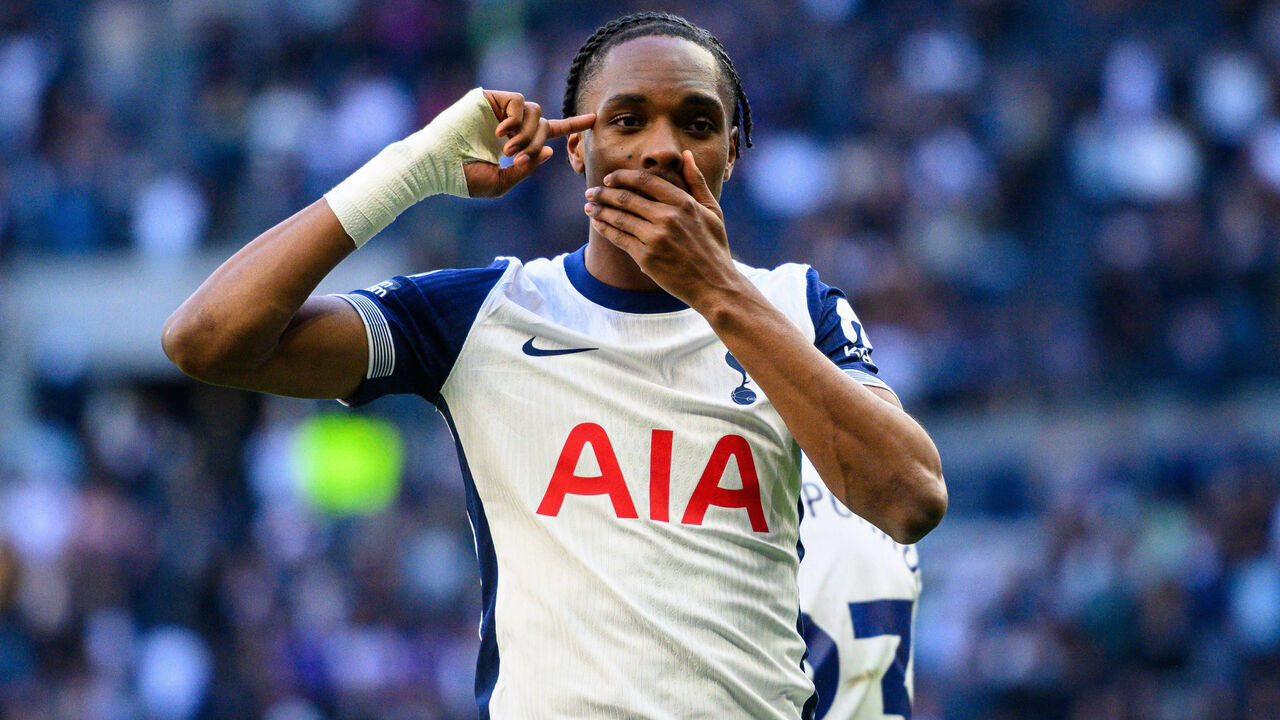 LONDON, ENGLAND - APRIL 6: Mathys Tel of Tottenham Hotspur FC celebrates after scoring a goal during the Premier League match between Tottenham Hotspur FC and Southampton FC at Tottenham Hotspur Stadium on April 6, 2025 in London, England.