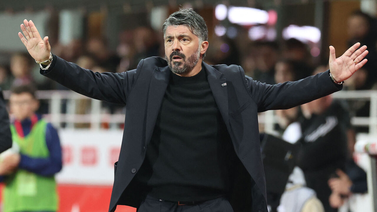 Marseillle's Italian head coach Gennaro Gattuso reacts during the French L1 football match between Stade Brestois 29 (Brest) and Olympique de Marseille (OM) at the Francis-Le Ble stadium in Brest, western France, on February 18, 2024.