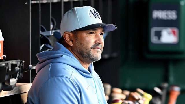 WASHINGTON, DC - MAY 23: Manager Dave Martinez #4 of the Washington Nationals watches the game against the San Francisco Giants at Nationals Park on May 23, 2025 in Washington, DC.