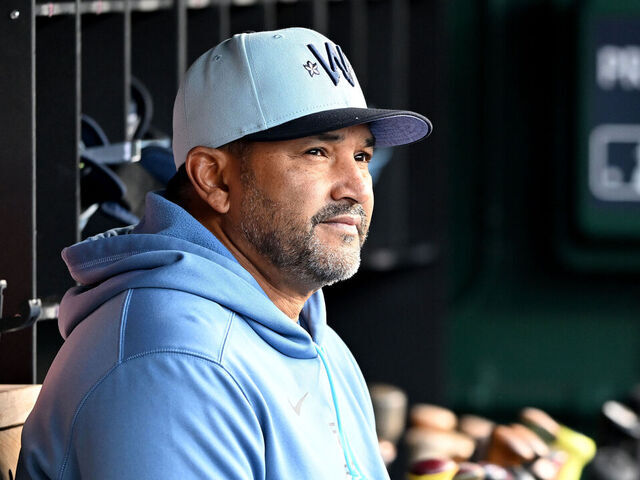 WASHINGTON, DC - MAY 23: Manager Dave Martinez #4 of the Washington Nationals watches the game against the San Francisco Giants at Nationals Park on May 23, 2025 in Washington, DC.