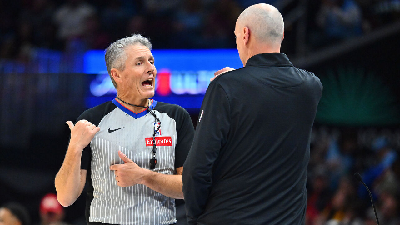 CLEVELAND, OHIO - JANUARY 12: Referee Scott Foster #48 talks to head coach Rick Carlisle of the Indiana Pacers during the third quarter against the Cleveland Cavaliers at Rocket Mortgage Fieldhouse on January 12, 2025 in Cleveland, Ohio. The Pacers defeated the Cavaliers 108-93.