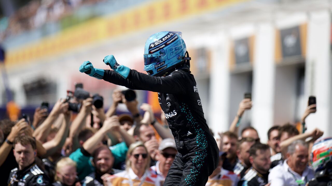 MONTREAL, QUEBEC - JUNE 15: George Russell of Mercedes-AMG Petronas F1 team celebrates after winning the F1 Grand Prix of Canada at Circuit Gilles Villeneuve in Montreal, Quebec, Canada on June 15, 2025.