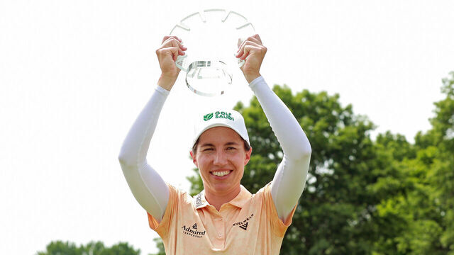 BELMONT, MICHIGAN - JUNE 15: Carlota Ciganda of Pamplona, Spain poses with the trophy during the award ceremony after winning the Meijer LPGA Classic for Simply Give golf tournament at Blythefield Country Club in Belmont, MI, USA Sunday, June 15, 2025.