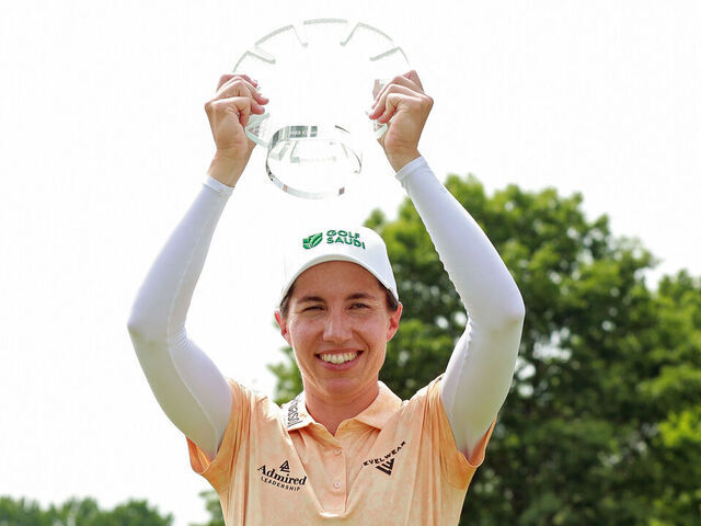 BELMONT, MICHIGAN - JUNE 15: Carlota Ciganda of Pamplona, Spain poses with the trophy during the award ceremony after winning the Meijer LPGA Classic for Simply Give golf tournament at Blythefield Country Club in Belmont, MI, USA Sunday, June 15, 2025.