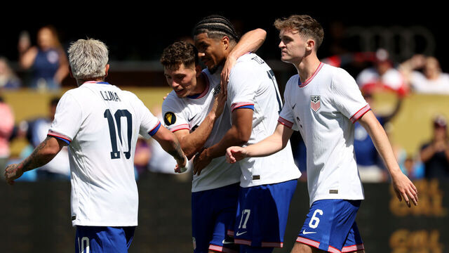 SAN JOSE, CALIFORNIA - JUNE 15: Malik Tillman #17 of United States celebrates with teammates after scoring in the first half against Trinidad and Tobago during the Gold Cup 2025 at PayPal Park on June 15, 2025 in San Jose, California.