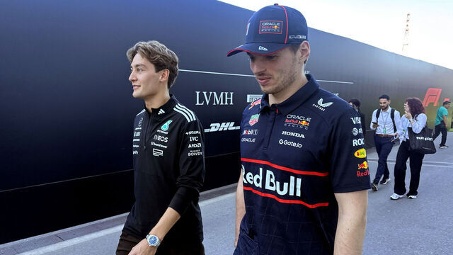 MONTREAL, QUEBEC - JUNE 15: (Editors Note : Image shot on mobile device) Race winner George Russell of Great Britain and Mercedes AMG Petronas F1 Team and Second placed Max Verstappen of the Netherlands and Oracle Red Bull Racing walk back from the Stewards Office during the F1 Grand Prix of Canada at Circuit Gilles-Villeneuve on June 15, 2025 in Montreal, Quebec.