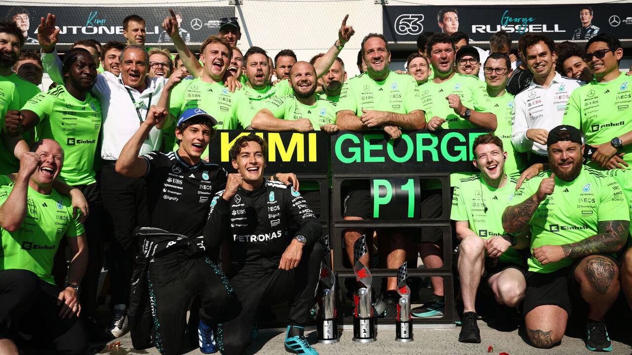 MONTREAL, QUEBEC - JUNE 15: Race winner George Russell of Great Britain and Mercedes AMG Petronas F1 Team Third placed Andrea Kimi Antonelli of Italy and Mercedes AMG Petronas F1 Team and the Mercedes AMG Petronas F1 Team celebrates during the F1 Grand Prix of Canada at Circuit Gilles-Villeneuve on June 15, 2025 in Montreal, Quebec.