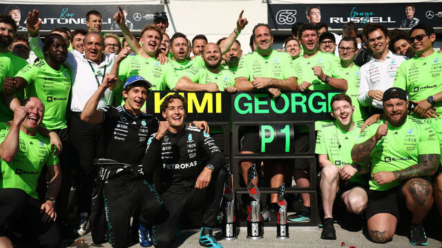 MONTREAL, QUEBEC - JUNE 15: Race winner George Russell of Great Britain and Mercedes AMG Petronas F1 Team Third placed Andrea Kimi Antonelli of Italy and Mercedes AMG Petronas F1 Team and the Mercedes AMG Petronas F1 Team celebrates during the F1 Grand Prix of Canada at Circuit Gilles-Villeneuve on June 15, 2025 in Montreal, Quebec.