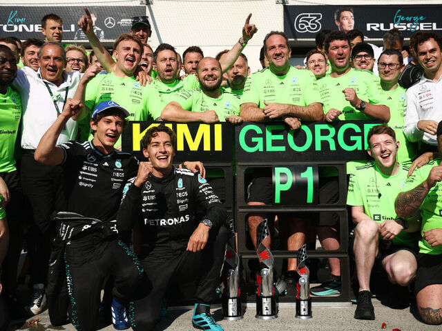 MONTREAL, QUEBEC - JUNE 15: Race winner George Russell of Great Britain and Mercedes AMG Petronas F1 Team Third placed Andrea Kimi Antonelli of Italy and Mercedes AMG Petronas F1 Team and the Mercedes AMG Petronas F1 Team celebrates during the F1 Grand Prix of Canada at Circuit Gilles-Villeneuve on June 15, 2025 in Montreal, Quebec.