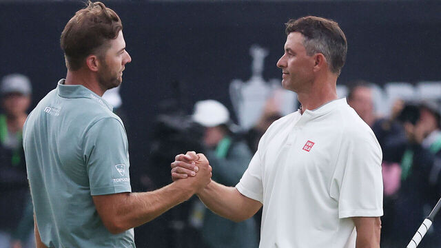 OAKMONT, PENNSYLVANIA - JUNE 15: Sam Burns of the United States shakes hands with Adam Scott of Australia after their round on the 18th green during the final round of the 125th U.S. OPEN at Oakmont Country Club on June 15, 2025 in Oakmont, Pennsylvania.