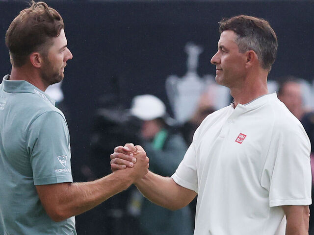 OAKMONT, PENNSYLVANIA - JUNE 15: Sam Burns of the United States shakes hands with Adam Scott of Australia after their round on the 18th green during the final round of the 125th U.S. OPEN at Oakmont Country Club on June 15, 2025 in Oakmont, Pennsylvania.