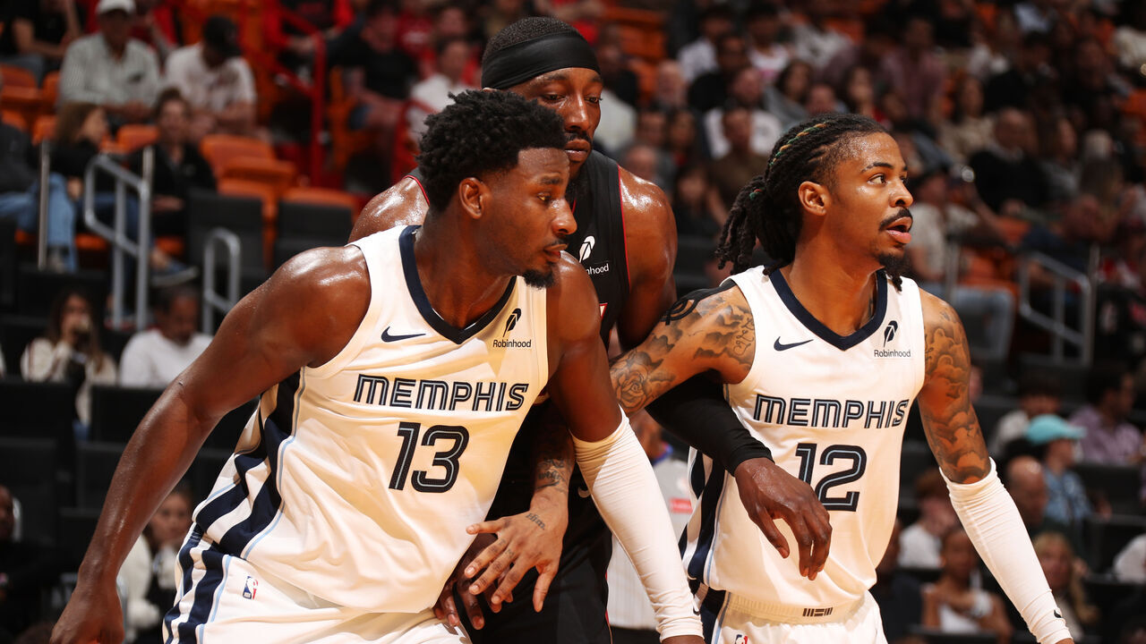 MIAMI, FL - APRIL 3: Ja Morant #12 and Jaren Jackson Jr. #13 of the Memphis Grizzlies play defense during the game against the Miami Heat on April 3, 2025 at Kaseya Center in Miami, Florida. Mandatory Copyright Notice: Copyright 2025 NBAE
