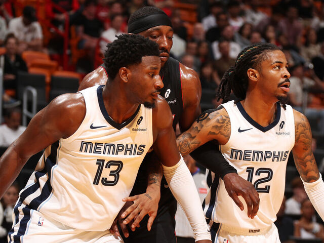 MIAMI, FL - APRIL 3: Ja Morant #12 and Jaren Jackson Jr. #13 of the Memphis Grizzlies play defense during the game against the Miami Heat on April 3, 2025 at Kaseya Center in Miami, Florida. Mandatory Copyright Notice: Copyright 2025 NBAE
