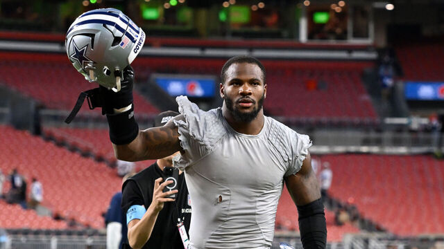 CLEVELAND, OHIO - SEPTEMBER 08: Micah Parsons #11 of the Dallas Cowboys celebrates the team's 33-17 win over the Cleveland Browns at Huntington Bank Field on September 08, 2024 in Cleveland, Ohio.