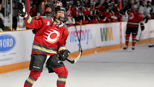 OTTAWA, ONTARIO - FEBRUARY 20: Tereza Vanisova #13 of the Ottawa Charge celebrates after scoring to tie the game up at 19:57 of the third period of the PWHL game against the Boston Fleet at The Arena at TD Place on February 20, 2025 in Ottawa, Ontario.