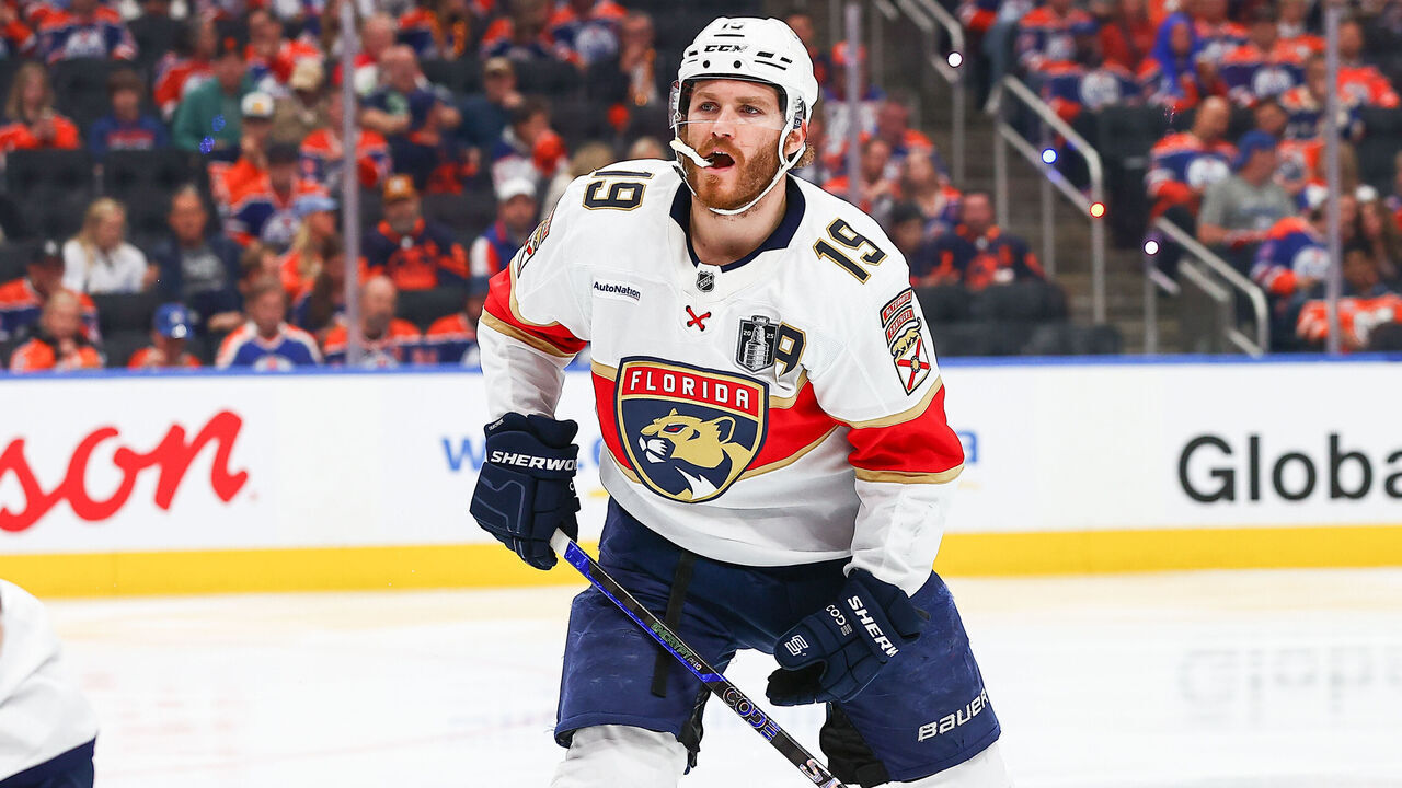 EDMONTON, AB - JUNE 14: Florida Panthers Left Wing Matthew Tkachuk (19) is injured with a shot in the second period of game five of Stanley Cup Final Edmonton Oilers game versus the Florida Panthers on June 14, 2025 at Rogers Place in Edmonton, AB.