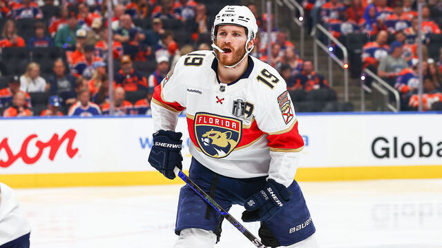 EDMONTON, AB - JUNE 14: Florida Panthers Left Wing Matthew Tkachuk (19) is injured with a shot in the second period of game five of Stanley Cup Final Edmonton Oilers game versus the Florida Panthers on June 14, 2025 at Rogers Place in Edmonton, AB.