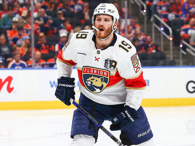 EDMONTON, AB - JUNE 14: Florida Panthers Left Wing Matthew Tkachuk (19) is injured with a shot in the second period of game five of Stanley Cup Final Edmonton Oilers game versus the Florida Panthers on June 14, 2025 at Rogers Place in Edmonton, AB.