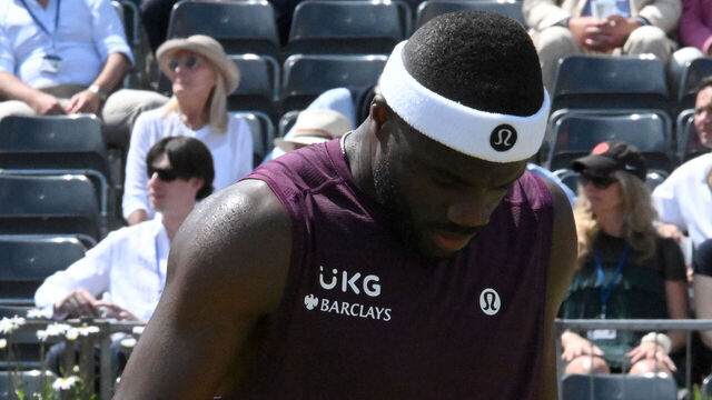 LONDON, ENGLAND - JUNE 16:Frances Tiafoe of USA in action against Daniel Evans of Great Britain during the Men's Singles First Round match at The Queen's Club on June 16, 2025 in London, England.