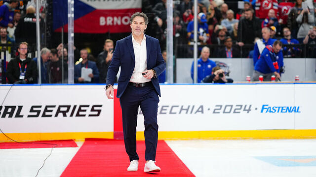 PRAGUE, CZECH REPUBLIC - OCTOBER 04: Jaromir Jagr walks out for the ceremonial puck drop before the game between the Buffalo Sabres and New Jersey Devils at O2 Arena on October 04, 2024 in Prague, Czech Republic.