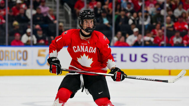 EDMONTON, CANADA AUGUST 10: Jackson Smith #3 of Team Canada in action against Team Czechia during the Gold Medal Game of the 2024 Hlinka Gretzky Cup at Rogers Place on August 10, 2024, in Edmonton, Alberta, Canada.