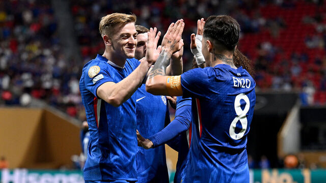 ATLANTA, GEORGIA - JUNE 16: Enzo Fernandez #8 of Chelsea FC celebrates scoring his team's second goal with Liam Delap #9 during the FIFA Club World Cup 2025 group D match between Chelsea FC and Los Angeles Football Club at Mercedes-Benz Stadium on June 16, 2025 in Atlanta, Georgia.