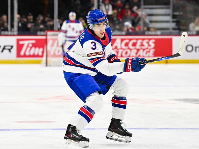 OTTAWA, CANADA - DECEMBER 26: Logan Hensler #3 of Team USA skates in the third period against Team Germany of the Group A match during the 2025 IIHF World Junior Championship at Canadian Tire Centre December 26, 2024 in Ottawa, Ontario, Canada. Team USA defeated Team Germany 10-4.