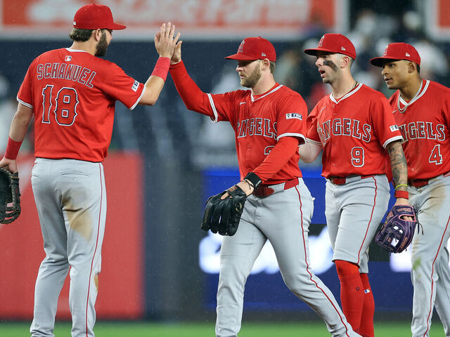 NEW YORK, NEW YORK - JUNE 16: Nolan Schanuel #18, Taylor Ward #3, Zach Neto #9, and Christian Moore #4 of the Los Angeles Angels celebrate during the eleventh inning against the New York Yankees at Yankee Stadium on June 16, 2025 in the Bronx borough of New York City. The Angels won 1-0.