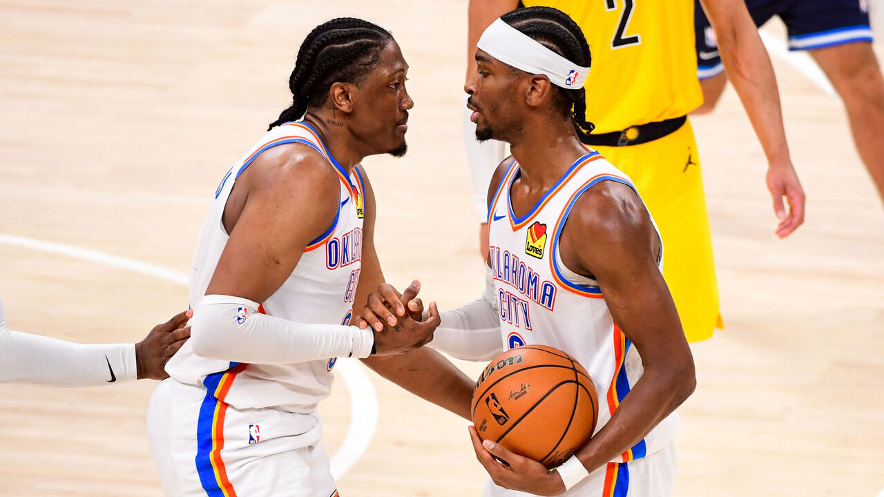OKLAHOMA CITY, OK - JUNE 16: Jalen Williams #8 and Shai Gilgeous-Alexander #2 of the Oklahoma City Thunder high five during the game against the Indiana Pacers during Game Five of the 2025 NBA Finals on June 16, 2025 at Paycom Center in Oklahoma City, Oklahoma. Mandatory Copyright Notice: Copyright 2025 NBAE