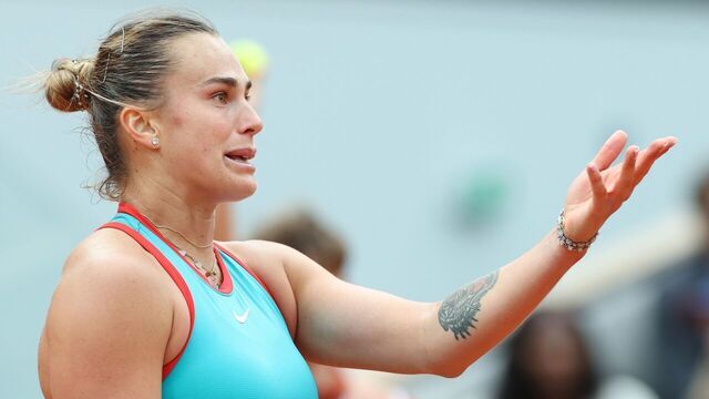 Aryna Sabalenka gestures during the women's singles final match between Aryna Sabalenka of Belarus and Coco Gauff of the United States at the French Open tennis tournament at Roland Garros, Paris, France, June 7, 2025.