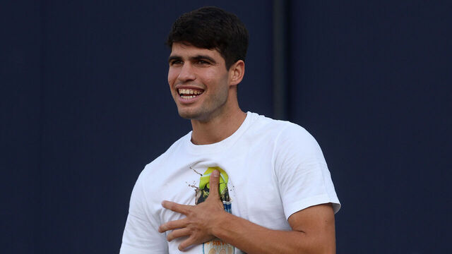 LONDON, ENGLAND - JUNE 14: Carlos Alcaraz of Spain smiles during a practice session on Day Six of the 2025 HSBC Championships at The Queen's Club on June 14, 2025 in London, England.