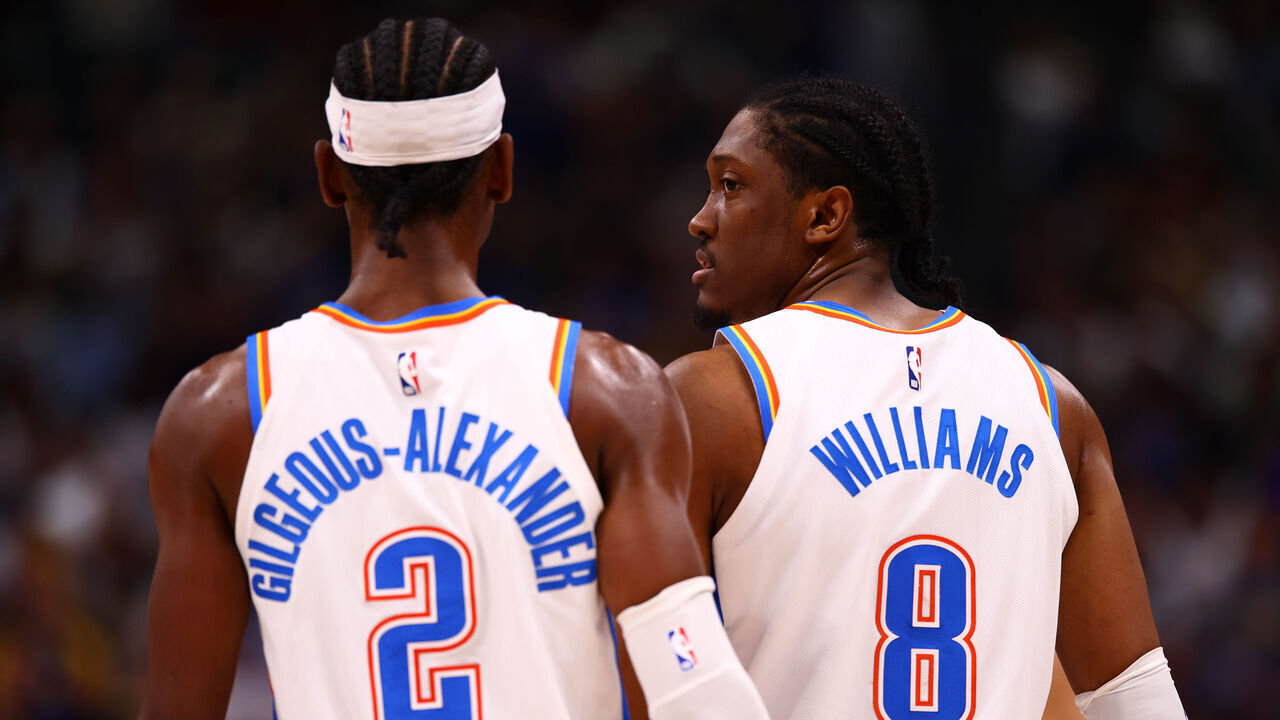 DENVER, CO - MAY 9: Shai Gilgeous-Alexander #2 and Jalen Williams #8 of the Oklahoma City Thunder looks on during the game against the Denver Nuggets during Round 2 Game 3 of the 2025 NBA Playoffs on May 9, 2025 at Ball Arena in Denver, Colorado. NOTE TO USER: User expressly acknowledges and agrees that, by downloading and/or using this Photograph, user is consenting to the terms and conditions of the Getty Images License Agreement. Mandatory Copyright Notice: Copyright 2025 NBAE