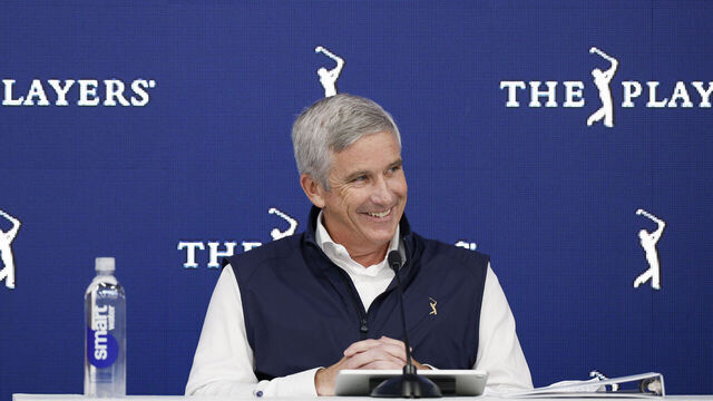 PONTE VEDRA BEACH, FLORIDA - MARCH 11: PGA Tour Commissioner Jay Monahan speaks to the media prior to THE PLAYERS Championship on the Stadium Course at TPC Sawgrass on March 11, 2025 in Ponte Vedra Beach, Florida.