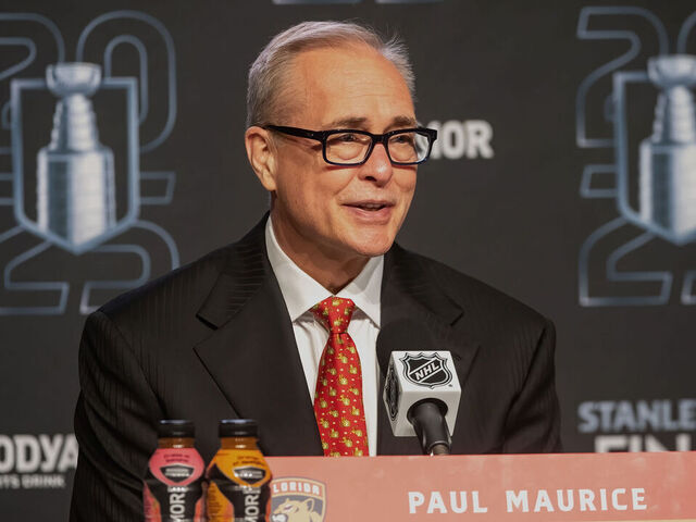 EDMONTON, CANADA - JUNE 14: Paul Maurice of the Florida Panthers addresses the media following Game Five of the 2025 Stanley Cup Final against the Edmonton Oilers at Rogers Place on June 14, 2024 in Edmonton, Alberta, Canada.